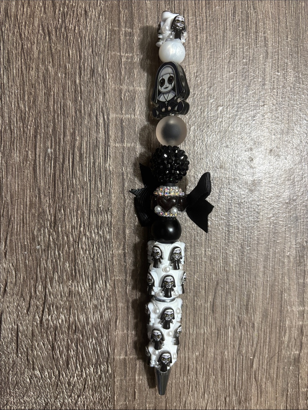 Black & White Nun Charm Beaded Pen with Bow - Picture 2 of 2